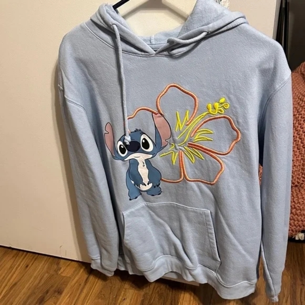 Blue Hoodie with Stitch and Flower Design
